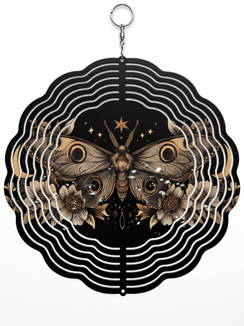 10" Celestial Moth Kinetic Wind Spinner - Black Floral Metal Hanging Yard Decor